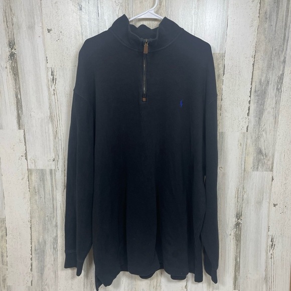 Polo Ralph Lauren Sweater Mens 2XLT Black Pullover Quarter Zip Blue Logo - Picture 1 of 8